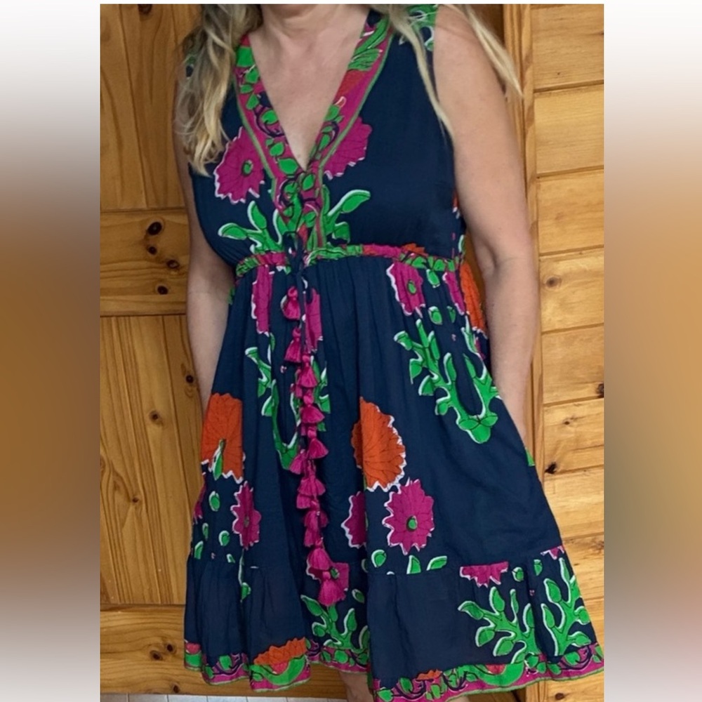 La Plage gauzy cotton floral tassle dress with pockets flawed